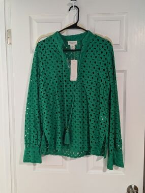 Calypso St Barth Kelly Green Eyelet Lace Drawstring Blouse
